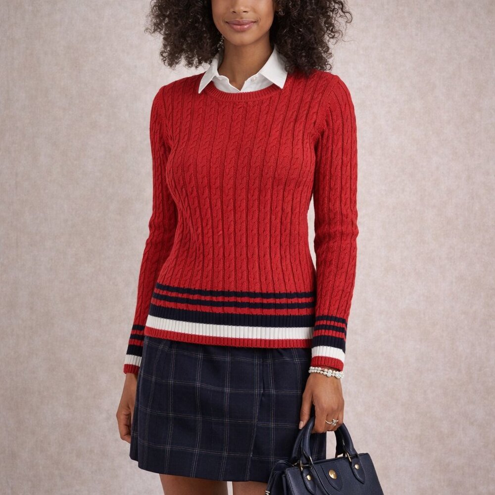 Tommy Hilfiger Cable Knit‎ Sweater Womens XL Red Cotton Stripe Preppy Nautical